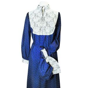 Vintage 70s Calico Prairie Dress with Bonnet, Lace Yoke, Navy L-XL